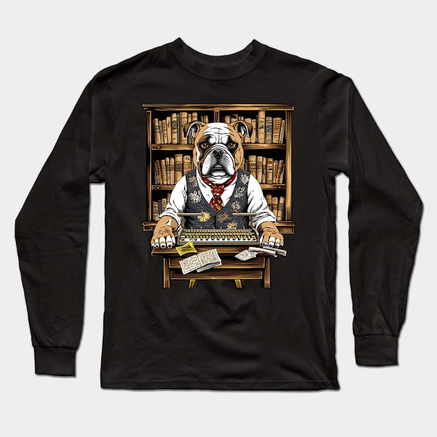 Accountant English Bulldog t-shirt design, a bulldog wearing an eyeshade and holding an abacus Long Sleeve T-Shirt by teestore_24